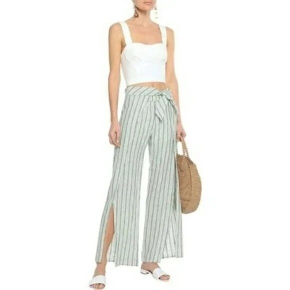 Joie Green White Striped Sahira Linen Tie Front Pants Womens Size XSmall - Picture 1 of 7